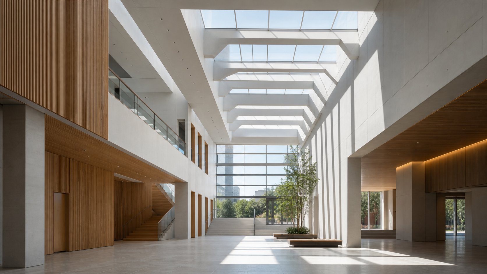 Daylit contemporary civic atrium illustrating coordinated architectural design