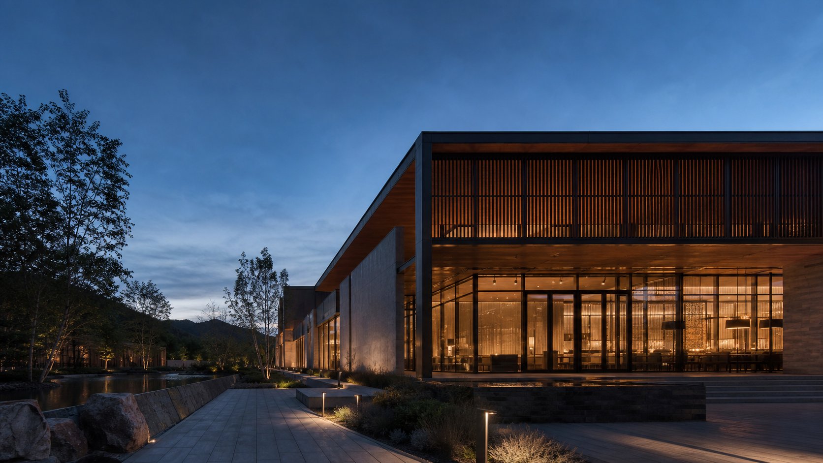 Contemporary community building at dusk illustrating purposeful design