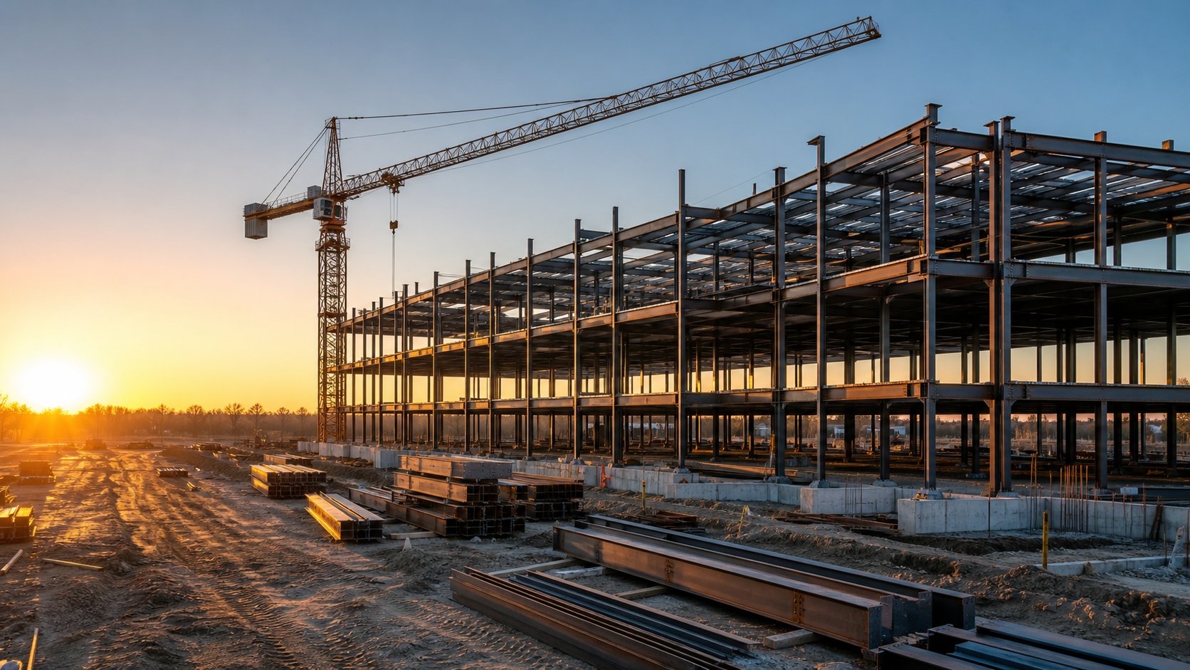 Organized steel-frame building site illustrating disciplined construction delivery