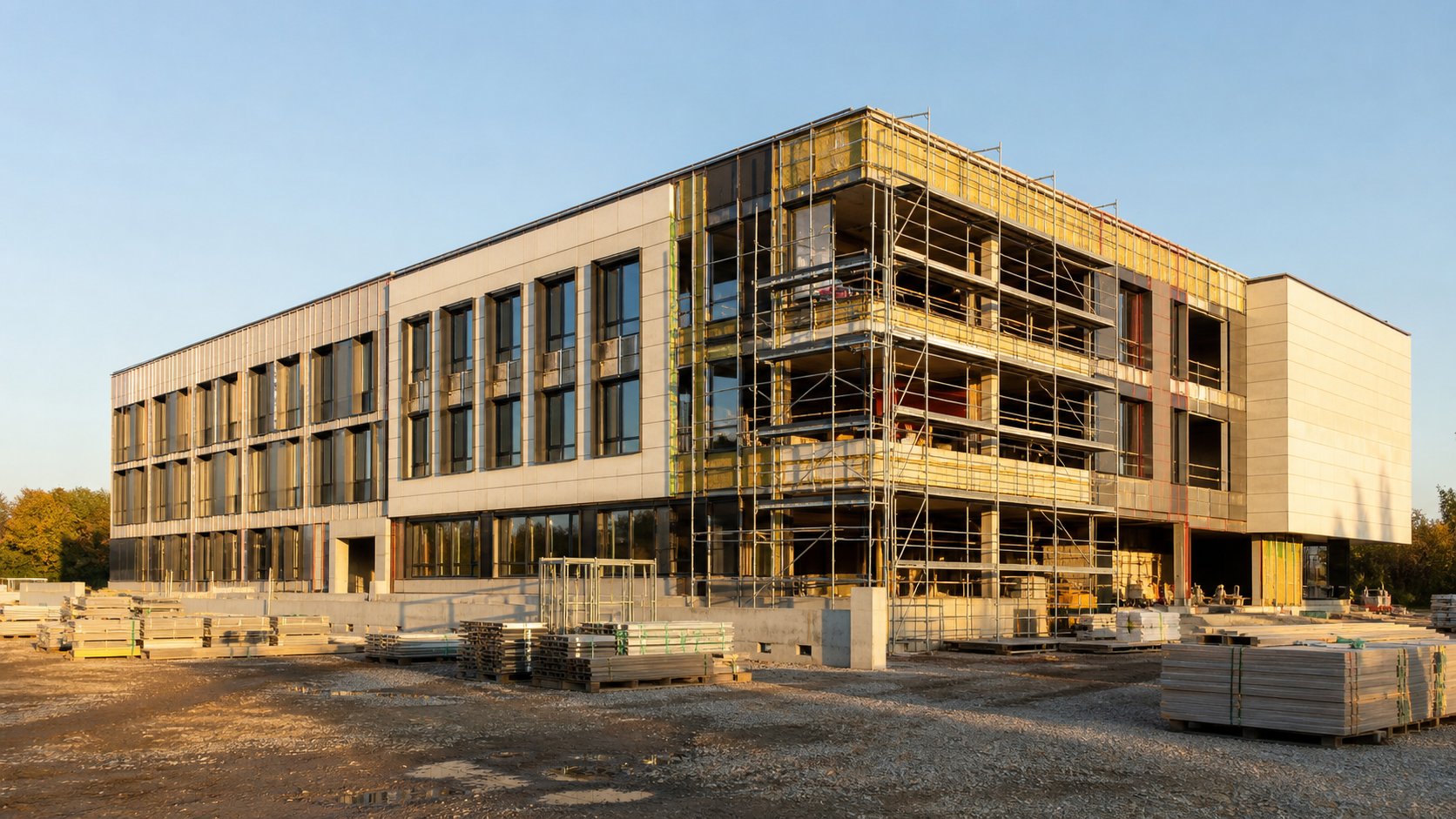 Commercial building under construction illustrating organized project delivery